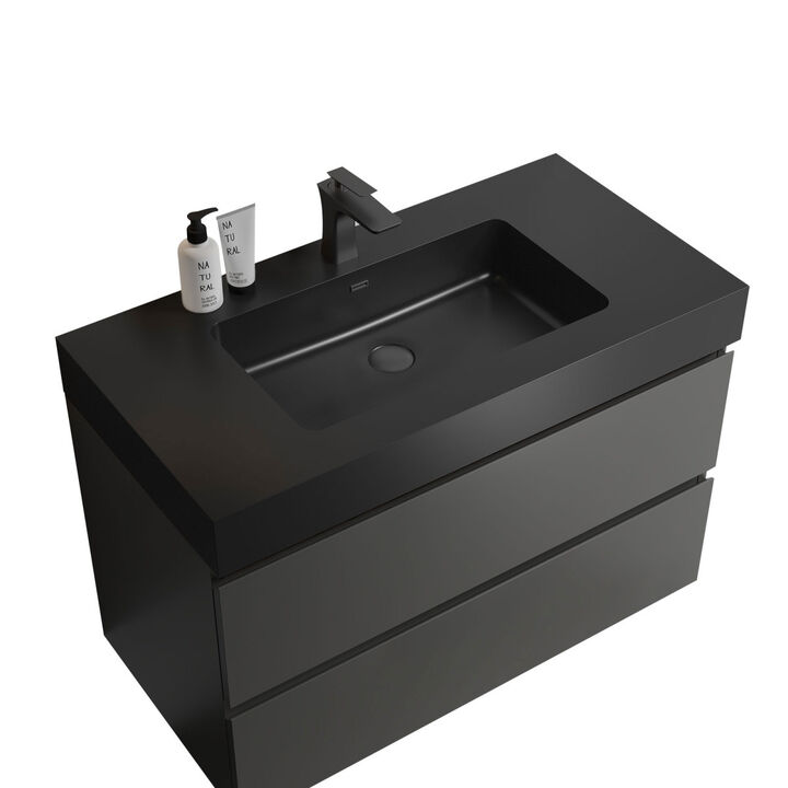 Alice 36" Gray Bathroom Vanity with Sink, Large Storage Wall Mounted Floating Bathroom Vanity for Modern Bathroom, One-Piece Black Sink Basin without Drain and Faucet