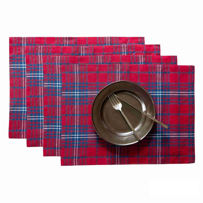 Solino Home 100% Pure Linen Placemats 14 x 19 Inch Set of 4 - Red Tartan Plaid
