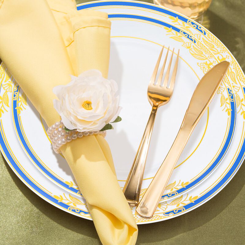 White with Blue and Gold Harmony Rim Plastic Wedding Value Set (30 Sets) image number 7