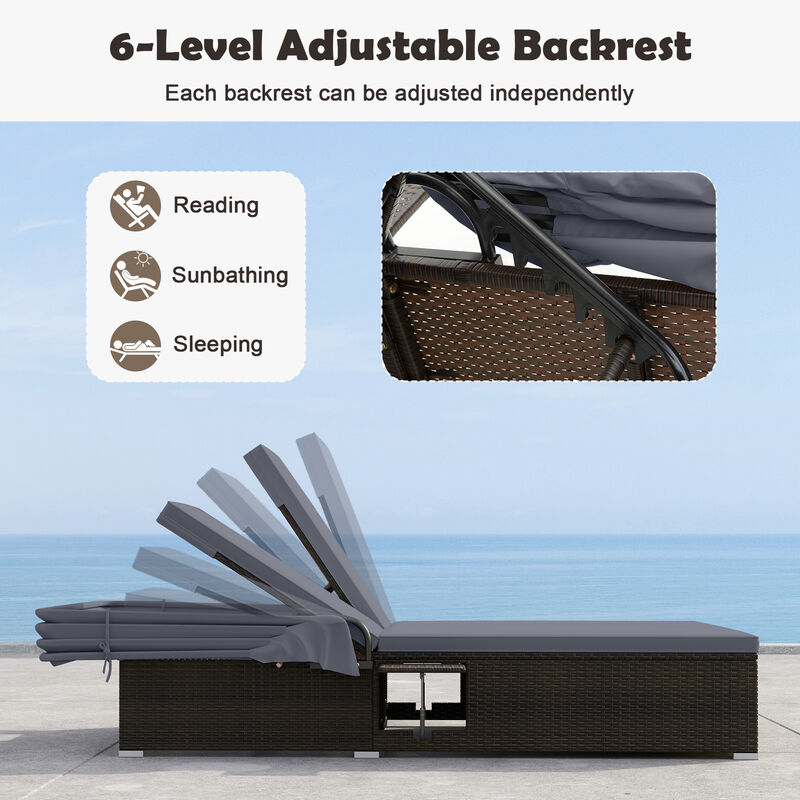 Outdoor Double Chaise Lounge with Shade, Cushions and Foldable Side Trays image number 5
