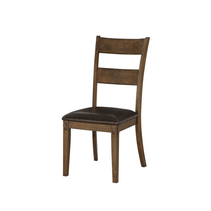 Wooden Side Chairs with Leatherette Padded Seat and Panelled Back, Set of Two, Brown-Benzara