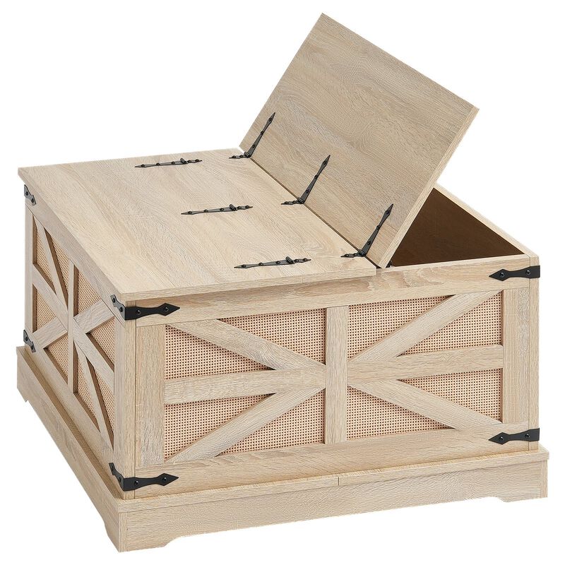 Modern Rattan Coffee Table with Retro Metal Hinges and Storage Shelf, Rectangle Shape