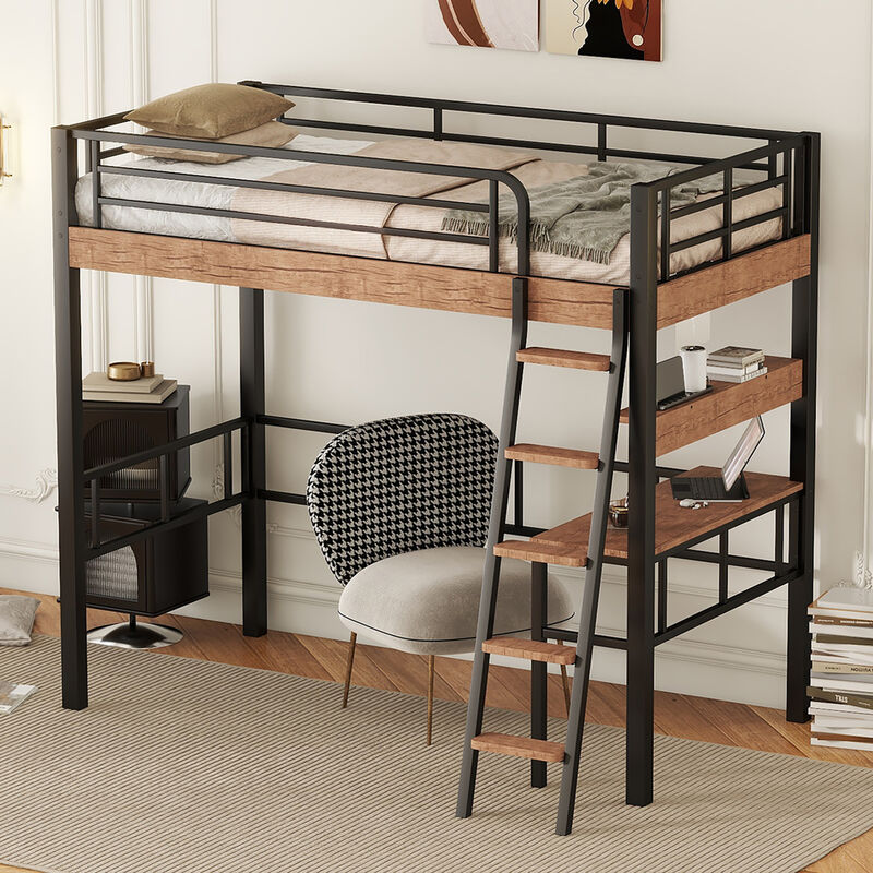 Whisen Metal Twin Size Loft Bed with Built-in Desk and Storage Shelf and Ladder - Black