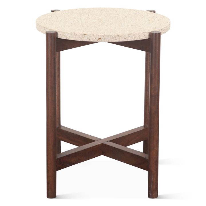 World Interiors Notion Side Table with Beige Sandstone in Walnut Finish