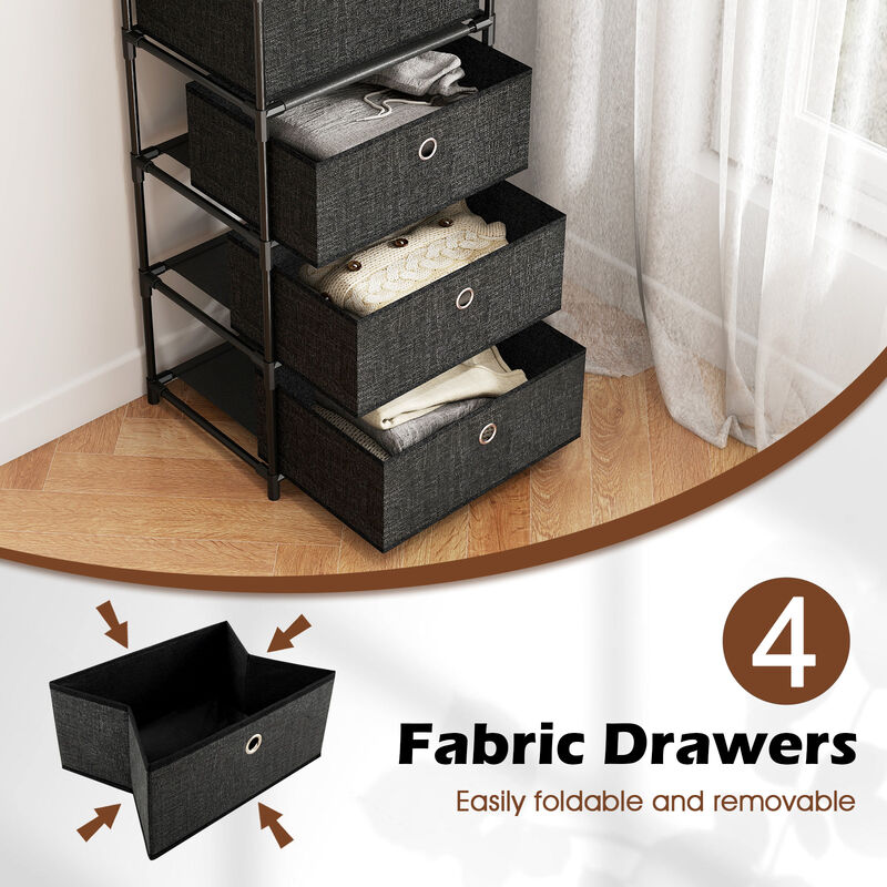 4 Drawer Storage Tower with Fabric Bins, Wood Top and Sturdy Metal Frame