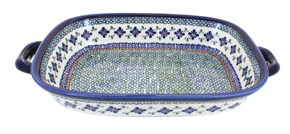 Blue Rose Polish Pottery Cobalt Large Baker With Handles