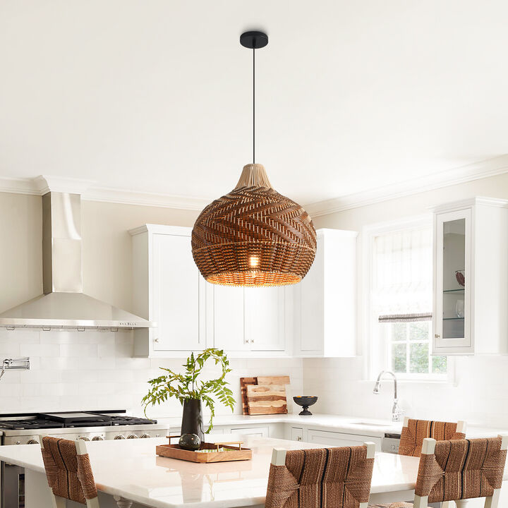 18.9" Boho Handwoven Rattan Brown Caged Pendant Light for Living Room, Dining Room and Kitchen Island