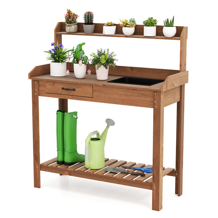 Outdoor Wooden Garden Work Table with Storage Shelves and Drawer for Potting Tasks