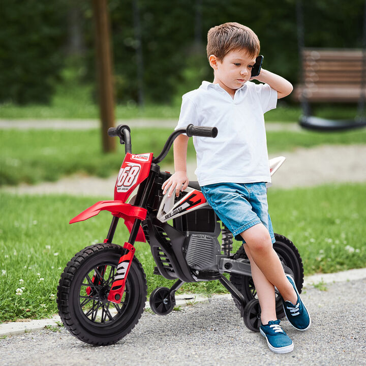 BreeBe 12V Kids Electric Motorcycle w/ Twist Grip Throttle, Training Wheels, Rear Suspension & Music