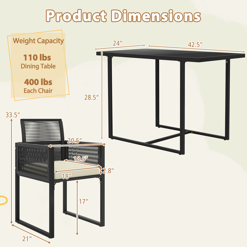 Outdoor Seating Set of 3 – Tempered Glass Table with 2 Patio Chairs