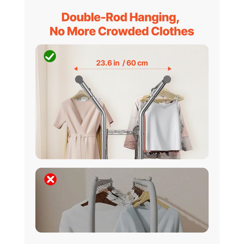 Heavy Duty Clothing Rack with Wheels 2 Hanging Rods and Storage Shelves image number 5
