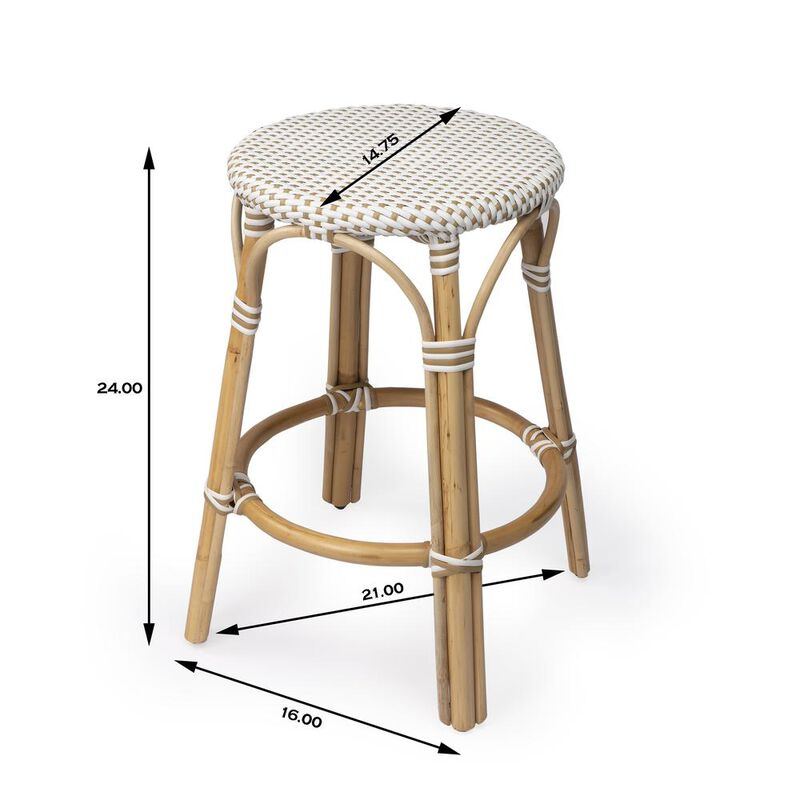 Butler Specialty Tobias Rattan Round 24 Counter Stool, White and Tan Dot