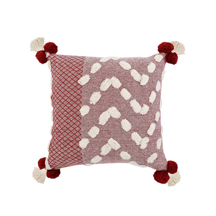 20" Red and White Zeal Pom Square Throw Pillow