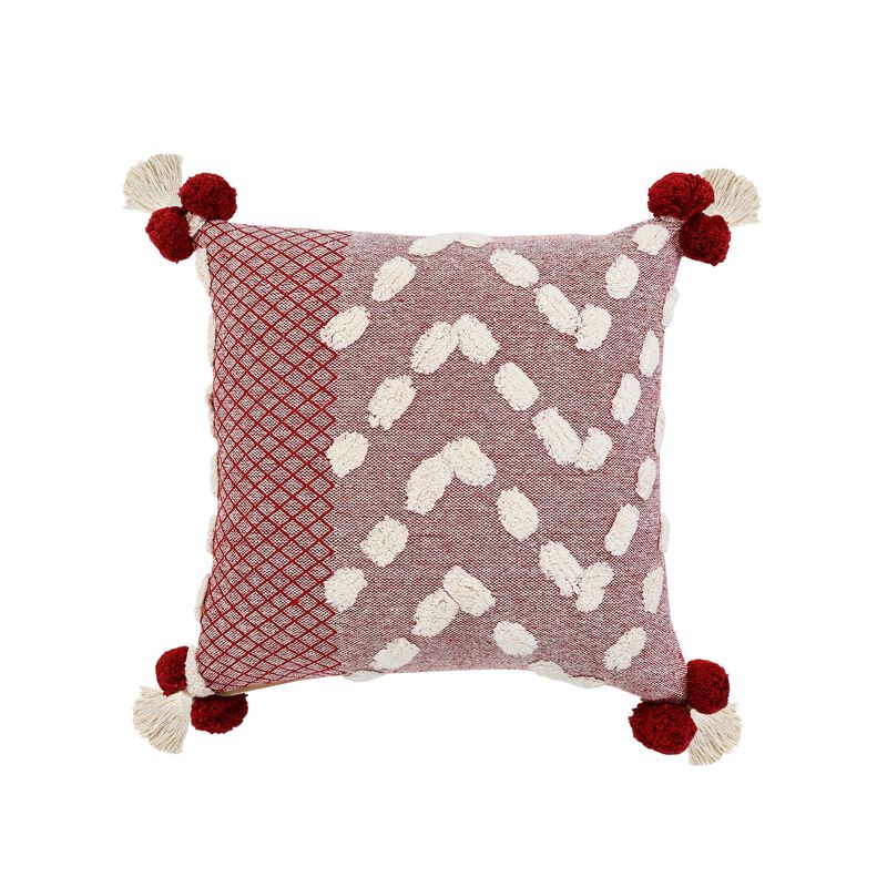 20" Red and White Zeal Pom Square Throw Pillow image number 1
