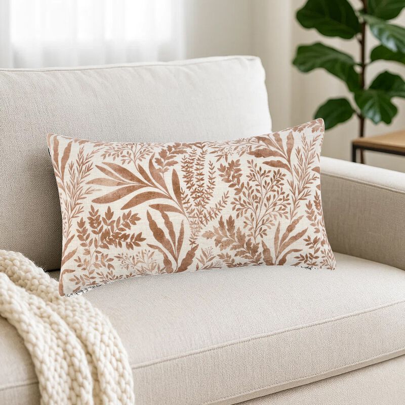 Mulo Lumbar Throw Pattern, Foliage Pattern 14x26 Inch Brown Flax Linen - Benzara