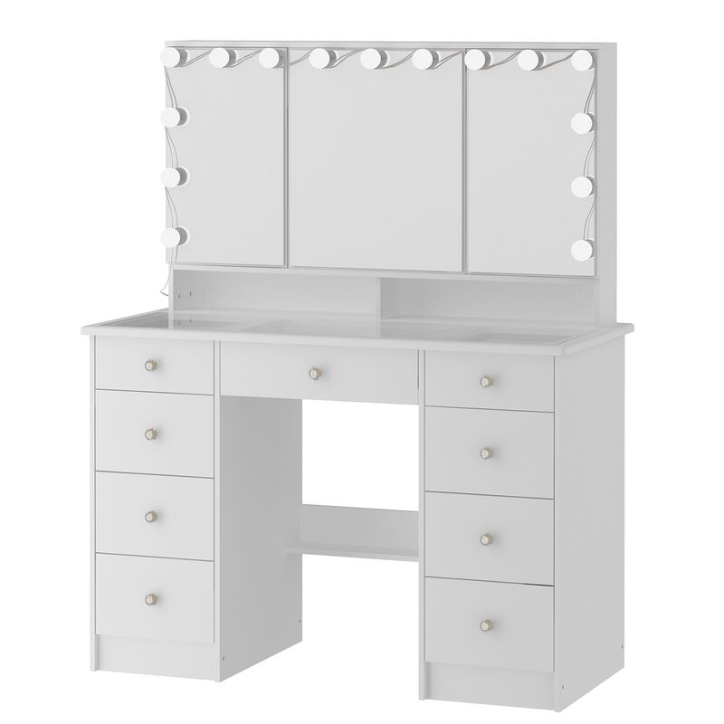 FUFU&GAGA Elegant Vanity Table with 9 Spacious Drawers and LED Mirror - 3 Lighting Modes (43.3”W x 19.7”D x 53.6”H),White