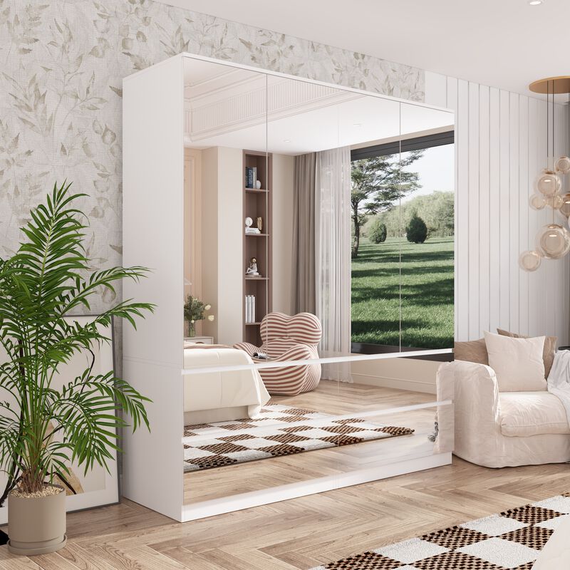 FUFU&GAGA Modern White Armoire with Full-Length Glass Mirrors &ndash; Elegant Wardrobe with Ample Storage and Robust Construction, (63" L x 19.7" W x 70.9" H),Silver