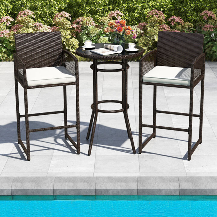 Outdoor Wicker 3 Piece Bar Set with Round Bar Height Table and Armchairs-White