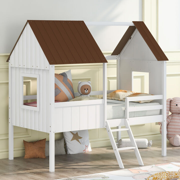 Twin Size Low Loft Wood House Bed with Two Side Windows (White+Brown)(OLD SKU: LP000037AAD)