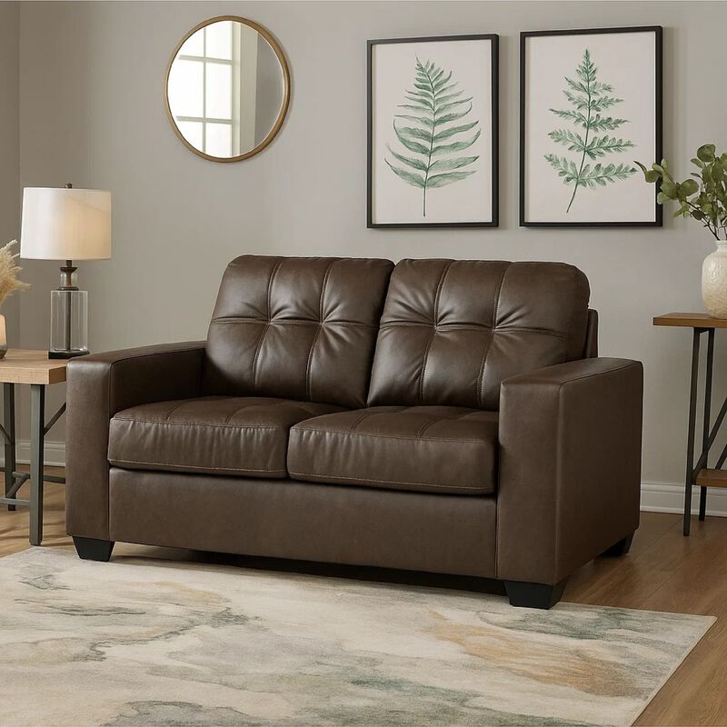 Barl Loveseat, Modern, 62 Inch Soft Tufted Dark Brown Faux Leather image number 1