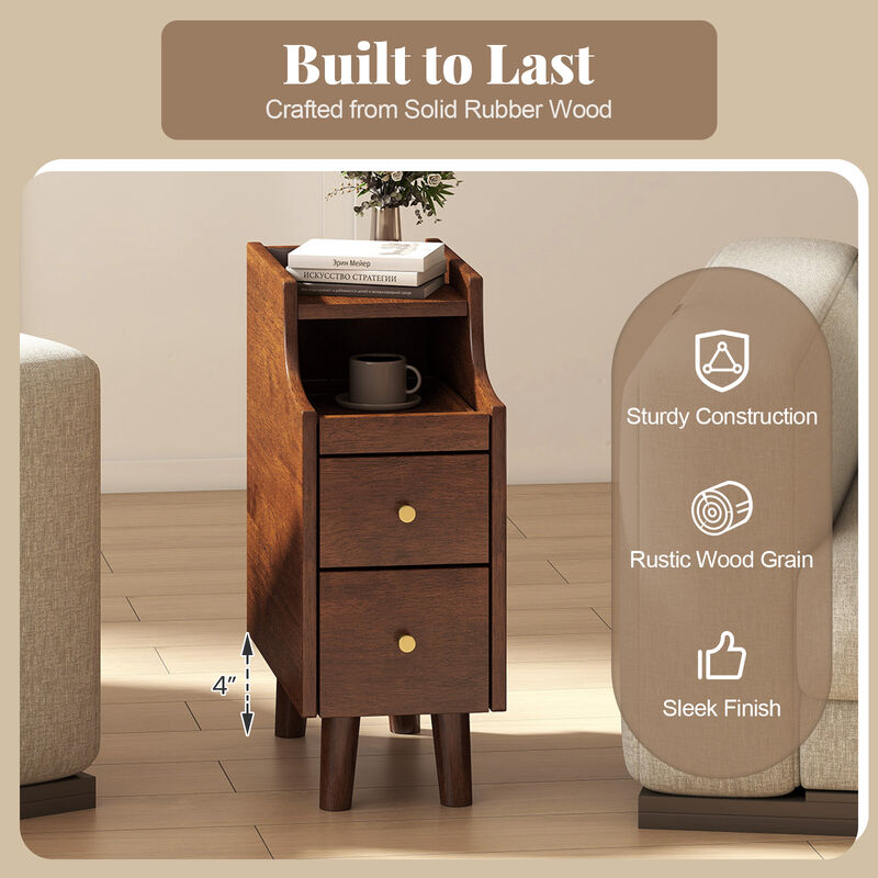 Solid Wood Nightstand with Pull-Out Tray and 2 Drawers, Narrow Bedside Table image number 7