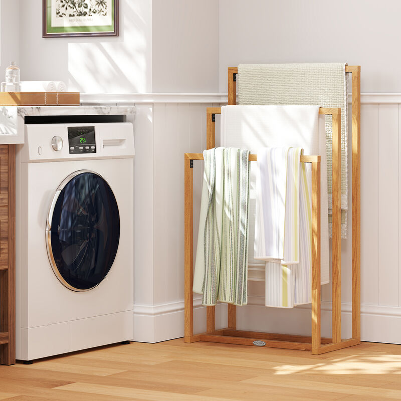 3-Tier Teak Bathroom Towel Holder with Crossbars &ndash; Freestanding Storage Rack image number 1