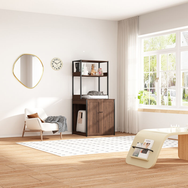 Large Cat Litter Box Enclosure Furniture with Shelves, Cat Washroom Furniture Cat House for Smart Litter Box, in walnut image number 8