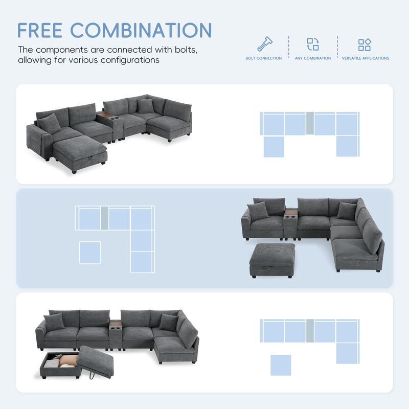 Clihome 140'' Oversized Modular Sectional Sofa with Movable Storage Ottoman and Console,Removable Storage Pockets,Cup Holder,Wide Seat,USB Charger,6 Seat U Shaped Corduroy Couch for Living Room image number 5