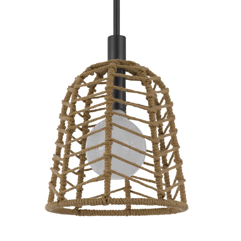 Pendant Light, Bell Style Caged Body with Braided Burlap Rope, Black Metal image number 6