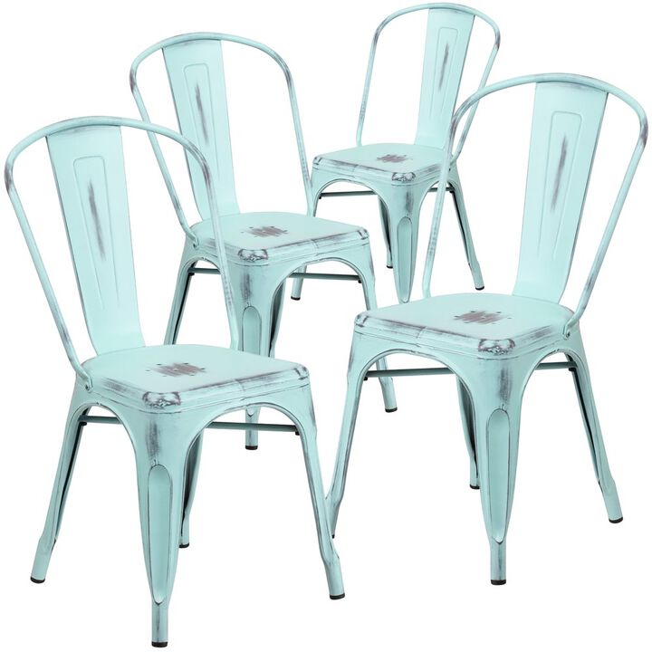 Flash Furniture 4 Pk. Distressed Dream Blue Metal Indoor Stackable Chair