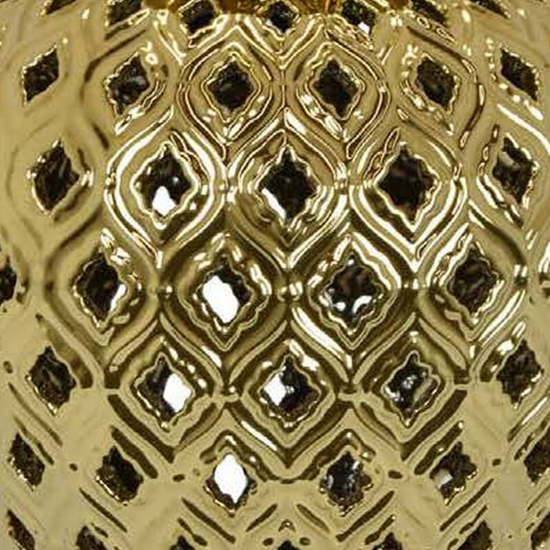 Deni 18 Inch Temple Jar, Pierced, Carved Lattice Design, Lid, Gold - Benzara