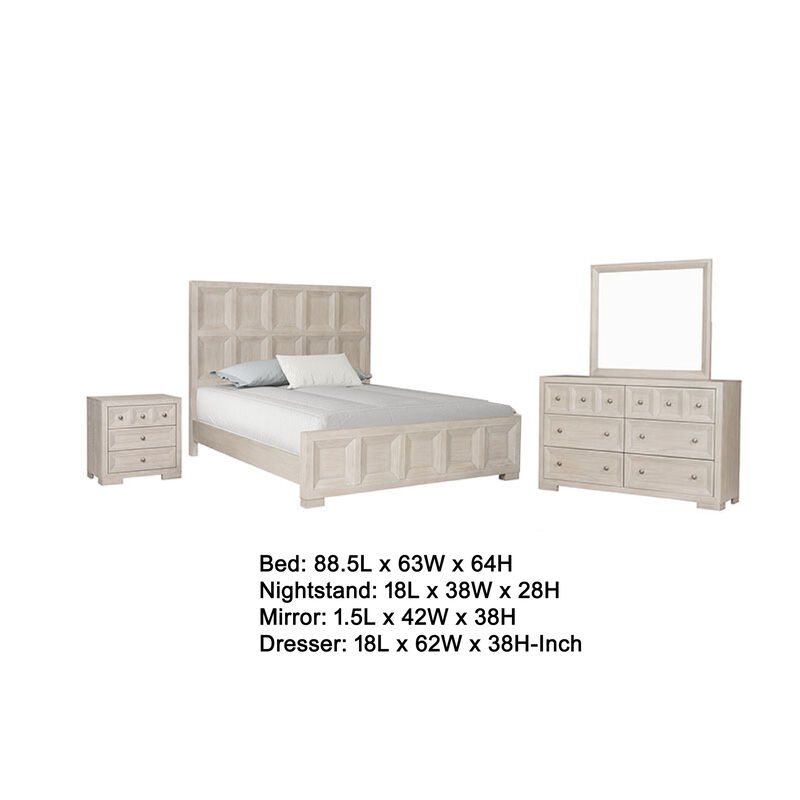 Kizie 5pc Queen Bedroom Set, 2 XL Nightstands, Dresser Mirror, Beige - Benzara