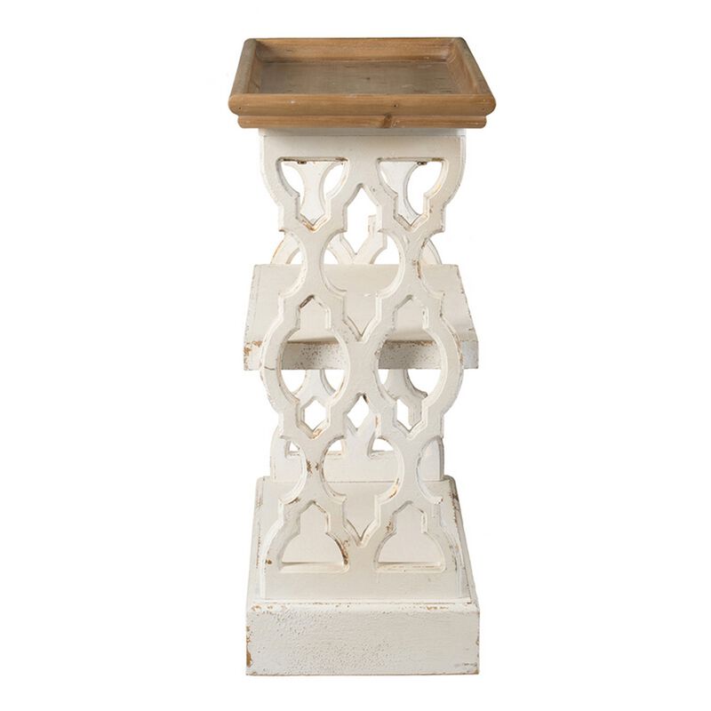 35 Inch 3 Tier Console Table, Fir Wood, Carved Panels, Brown and White