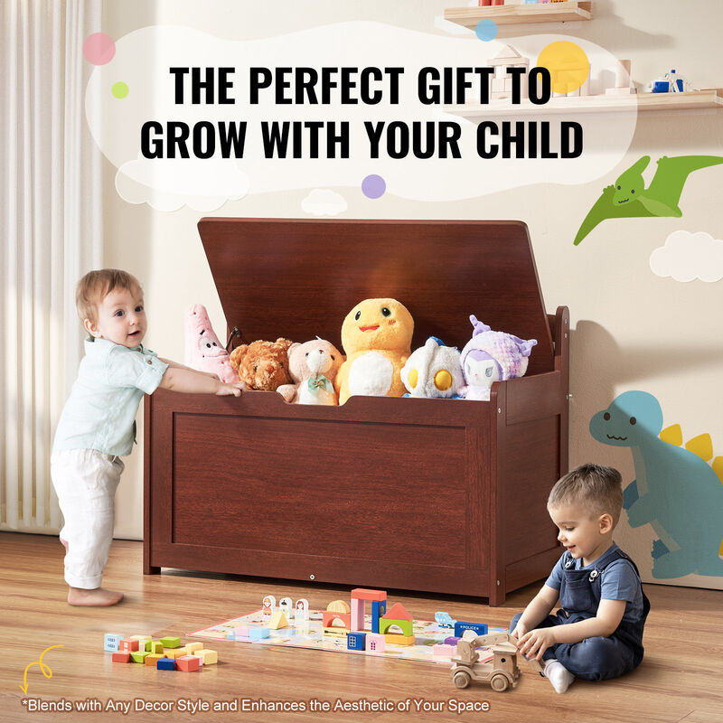 Wooden Toy Chest with Flip-Top Lid and Safety Hinge for Kids' Room or Playroom
