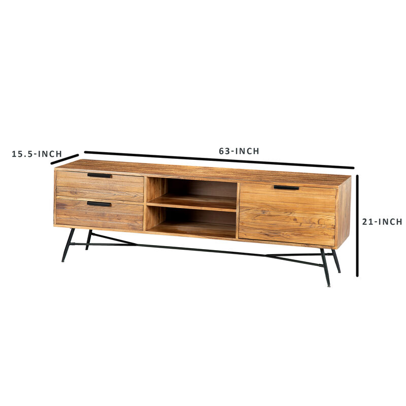 Roomy Wooden Media Console with Slanted Metal Base, Brown and Black-Benzara