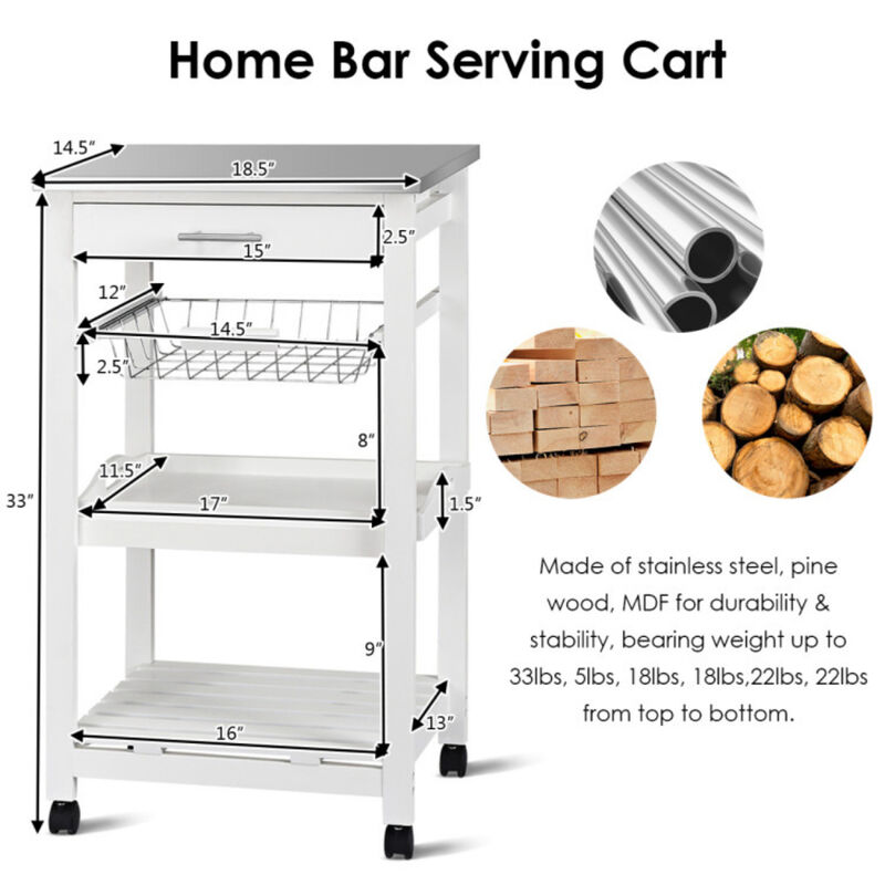 Rolling Kitchen Island Cart with Stainless Steel Top and Storage Basket