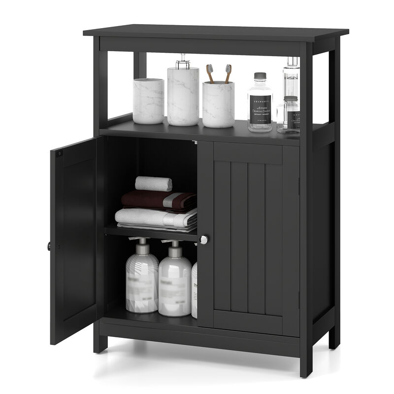 Small Bathroom Floor Cabinet with Open Storage Compartment and Closed Shelves
