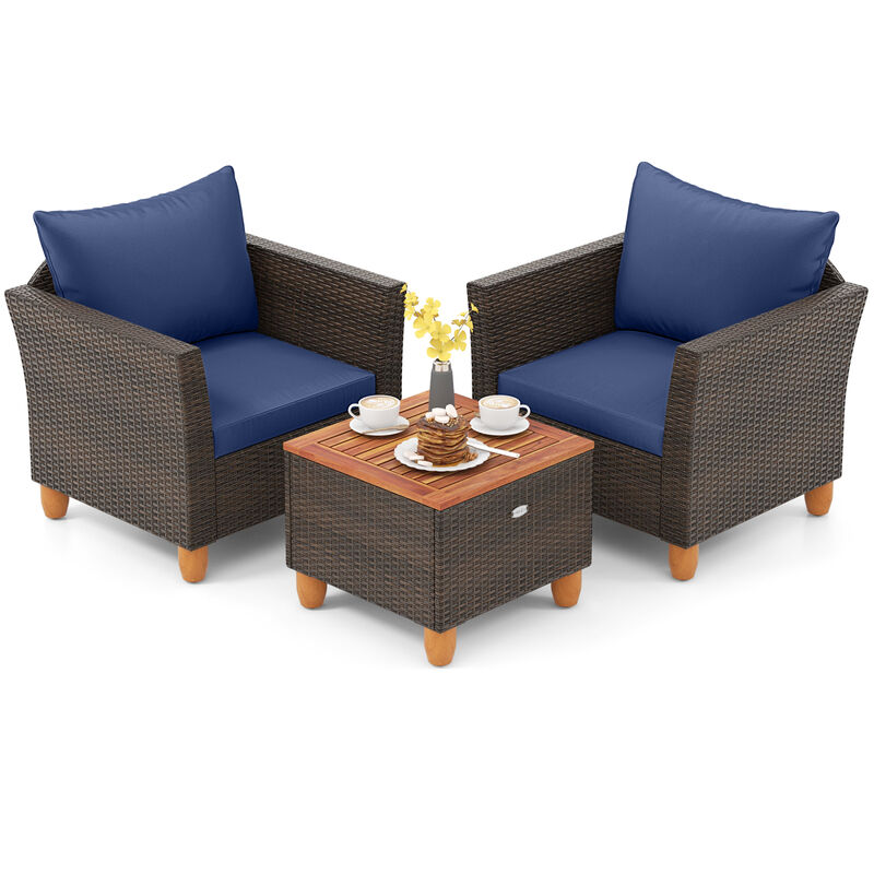Stylish 3-Piece PE Wicker Patio Furniture Set with Cushions and Storage Table