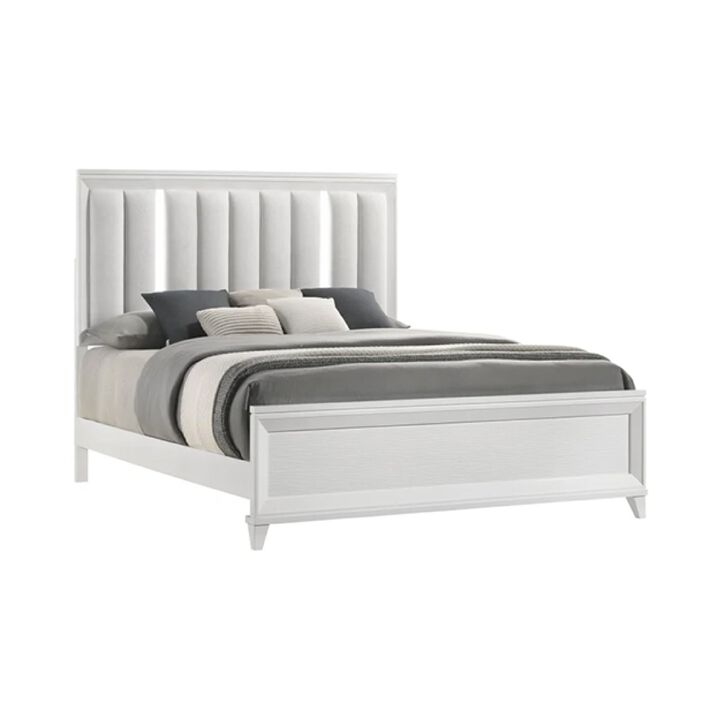 Ressy Queen Platform Bed with LED, Channel Tufted Upholstery, White Wood