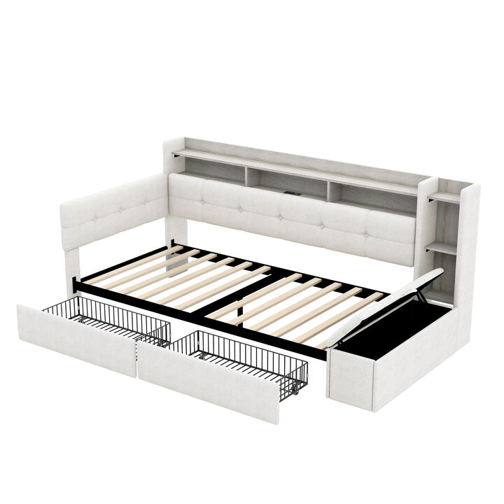 Merax Upholstery Daybed with Storage Footstool and Shelves,with Two Drawers
