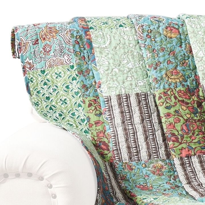 Aby 50 x 60 Cotton Quilted Throw Blanket with Fill, Patchwork, Multicolor - Benzara