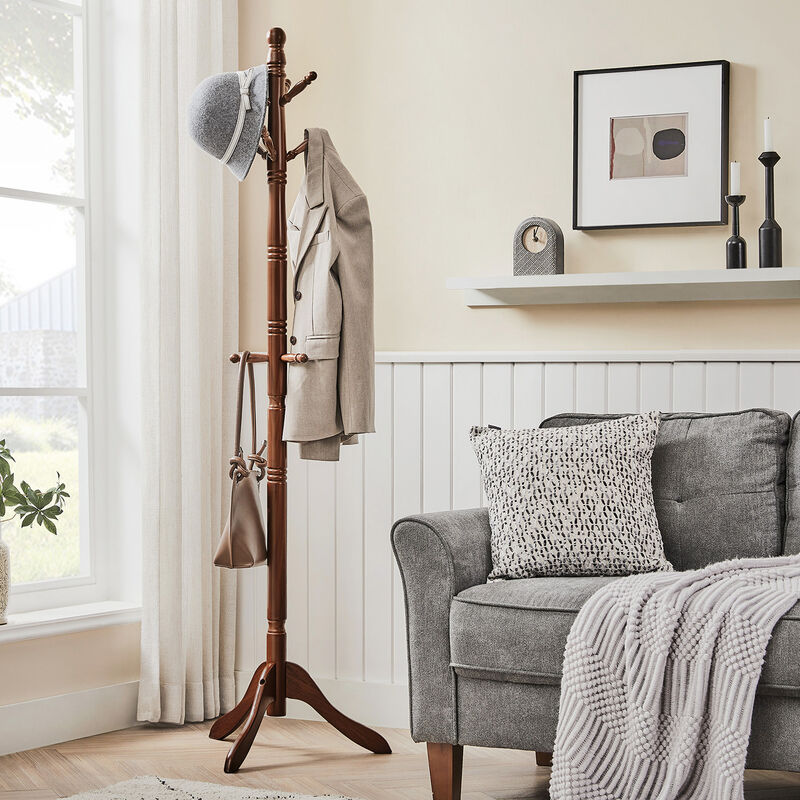 Solid Wood Coat Rack Stand with 10 Hooks - Freestanding Hall Tree