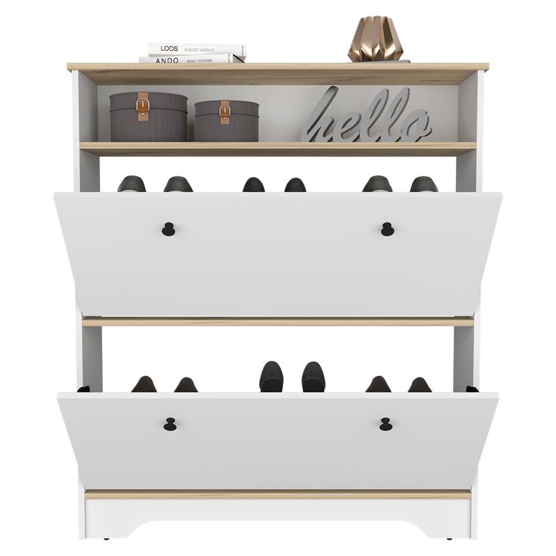 Calgary Shoe Rack, Superior Top, One Open Shelf, Two Extendable Shelves -Light Oak / White