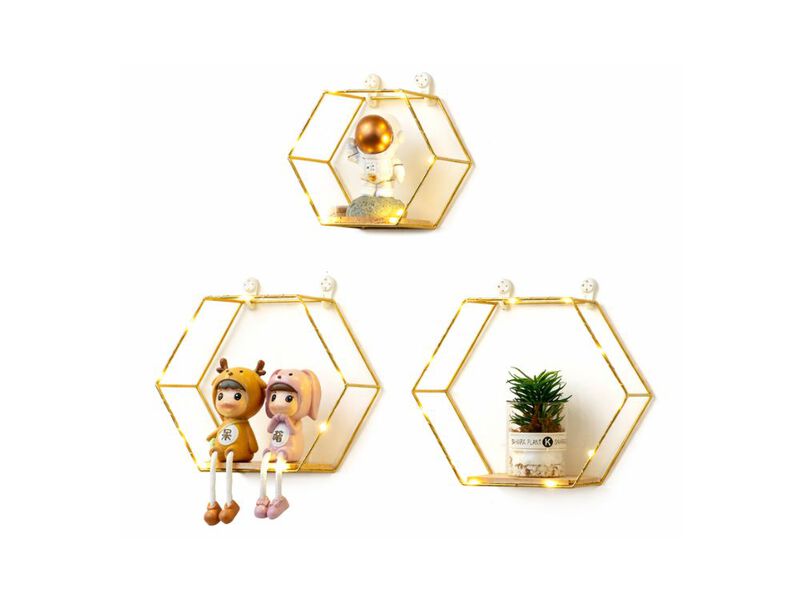 Hexagon Floating Shelves Set of 3 Gold Metal Wood Wall Shelf with LED Lights image number 0