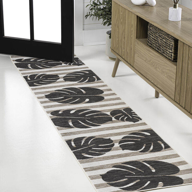 Allison Classic Beach Stripe and Monstera Leaf Indoor/Outdoor Area Rug