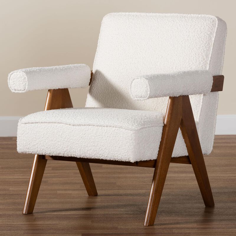 Baxton Studio Georgina Japandi Cream Boucle and Walnut Brown Wood Accent Chair