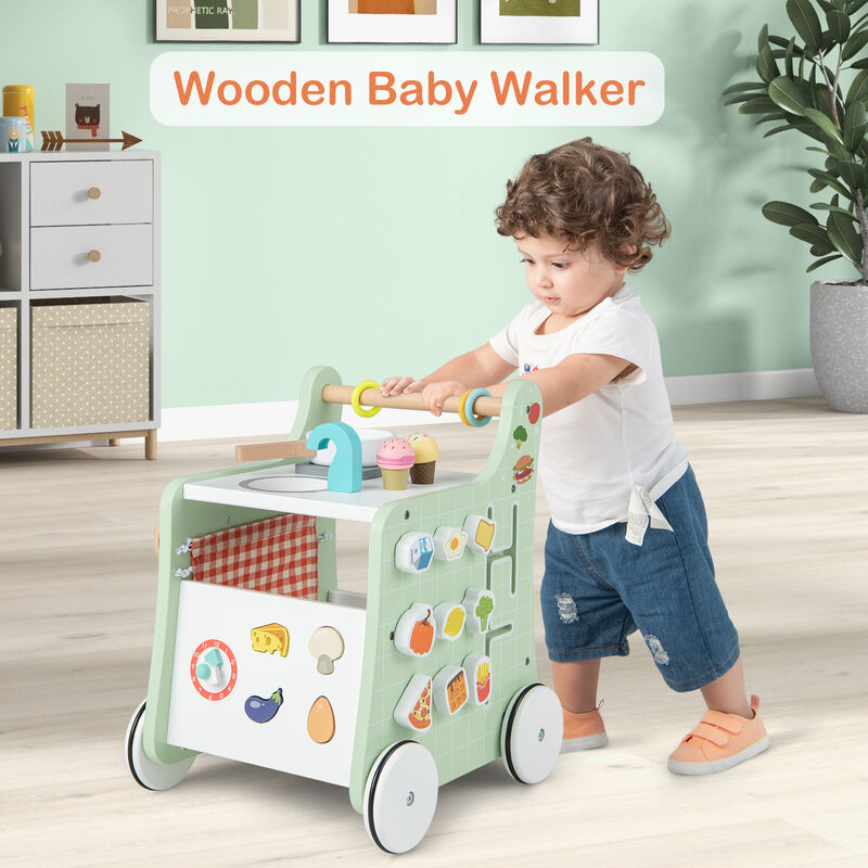 6-in-1 Wooden Baby Stroller with Play Kitchen for Kids Over 12 Months