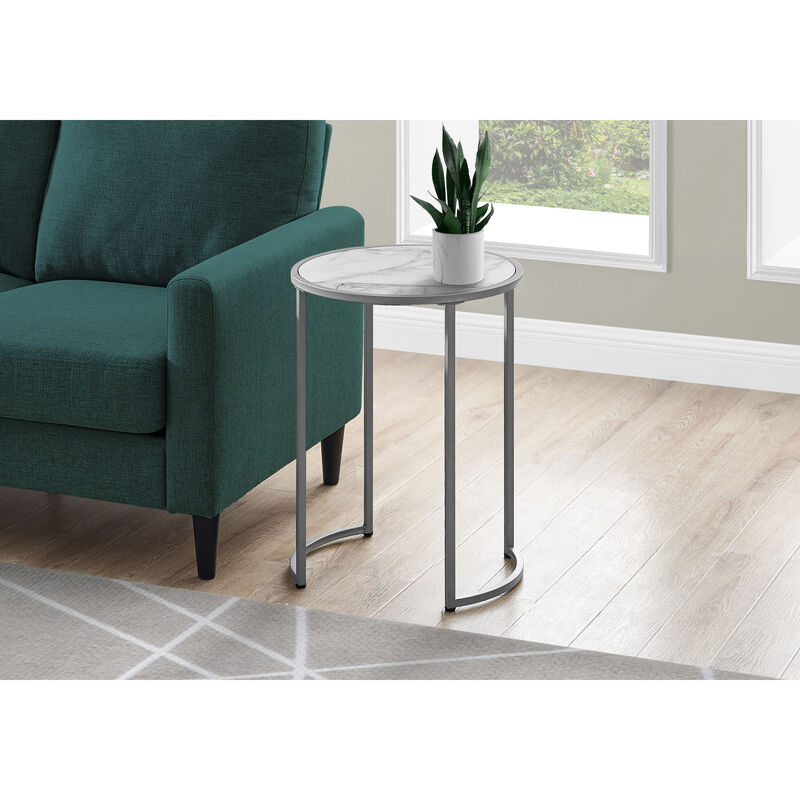 Monarch Specialties I 2205 Accent Table, Side, Round, End, Nightstand, Lamp, Living Room, Bedroom, Metal, Laminate, White Marble Look, Grey, Contemporary, Modern