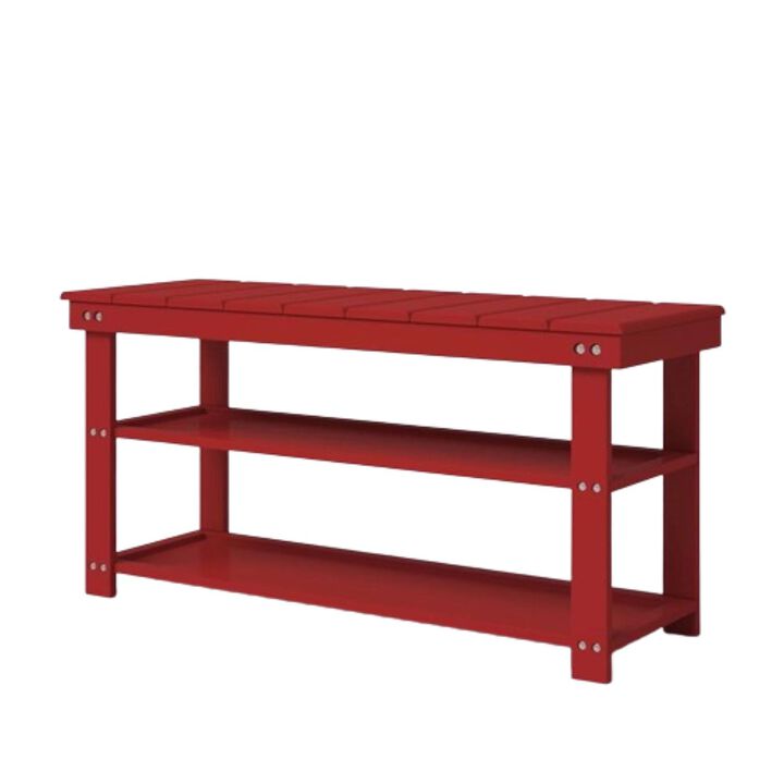 QuikFurn Red Wooden 2-Shelf Shoe Rack Storage Bench for Entryway or Closet