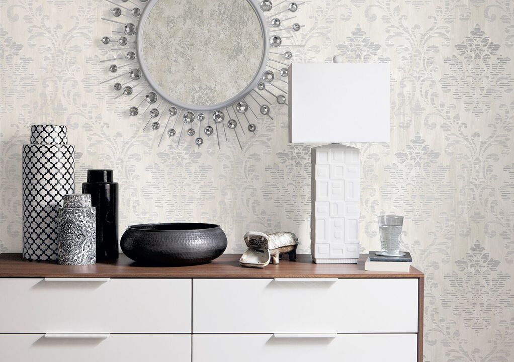 Metallic FX Modern Metallic Damask Silver Grey Wallpaper W78181